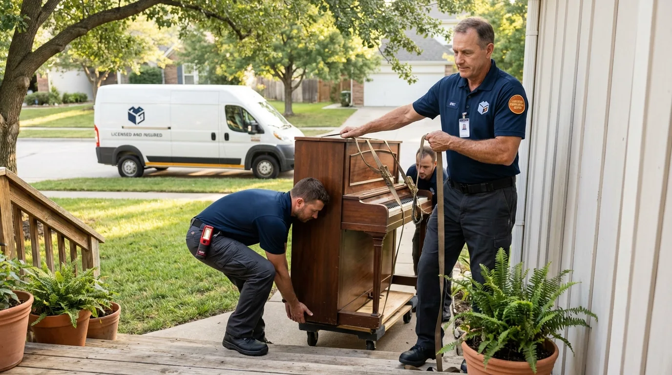 Licensed piano movers securing grand piano in Scotland, PA
