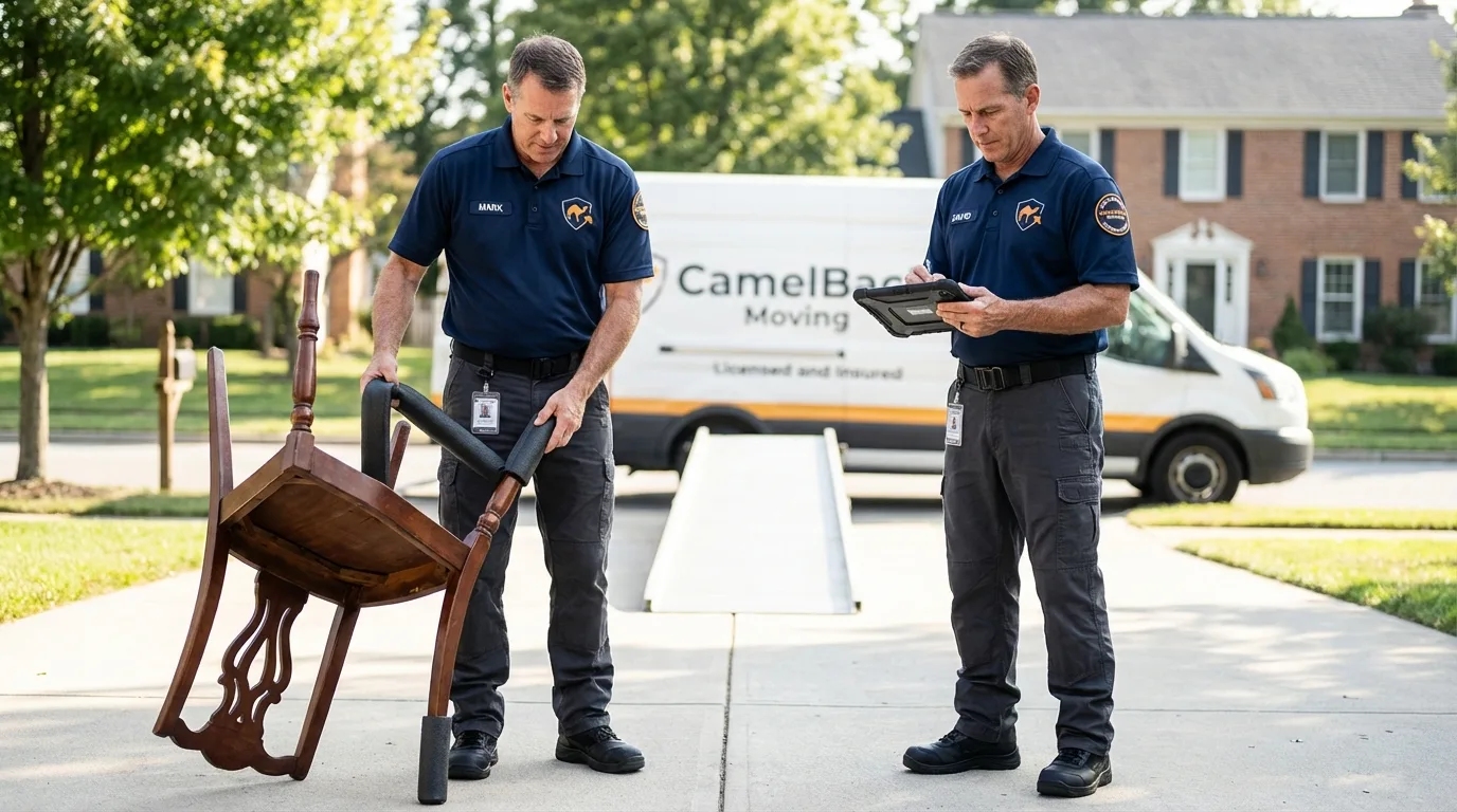 Movers inspecting furniture for damage prevention before loading in Scotland, PA