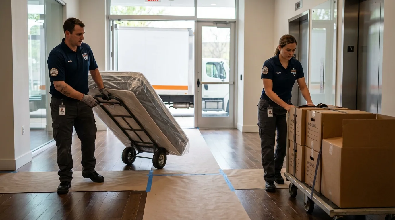 Professional apartment movers loading elevator in Scotland, PA