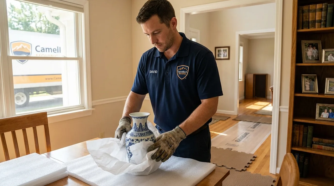 Professional crew carefully wrapping antique vase for senior downsizing move in Scotland, PA